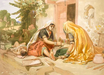 トウモロコシを挽く女性たち、「インドの古代と現代」、1867年